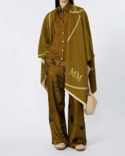Pantaloni palazzo verde oliva in twill di seta MM Max Mara a stampa fiori neri con elastico in vita