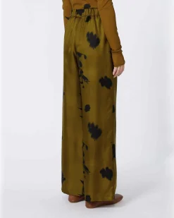Pantaloni palazzo verde oliva in twill di seta MM Max Mara a stampa fiori neri con elastico in vita