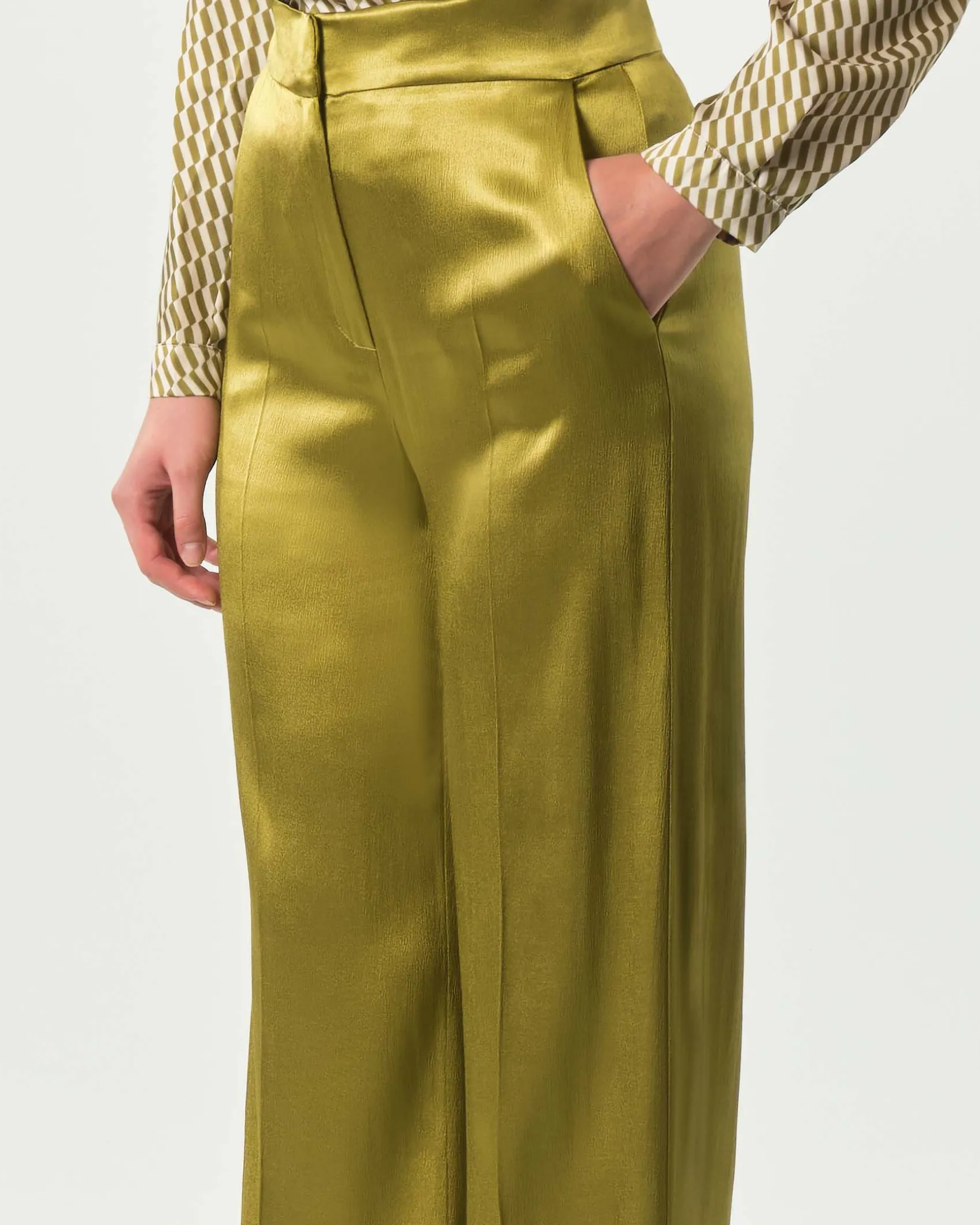 Pantaloni palazzo verde oliva Emme Marella in raso di viscosa stretch