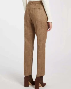 Pantaloni slim Marella in pura lana color cammello in Principe Galles