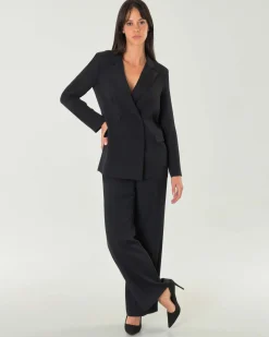 Pantaloni straight neri in tessuto stretch fluido con pinces in vita