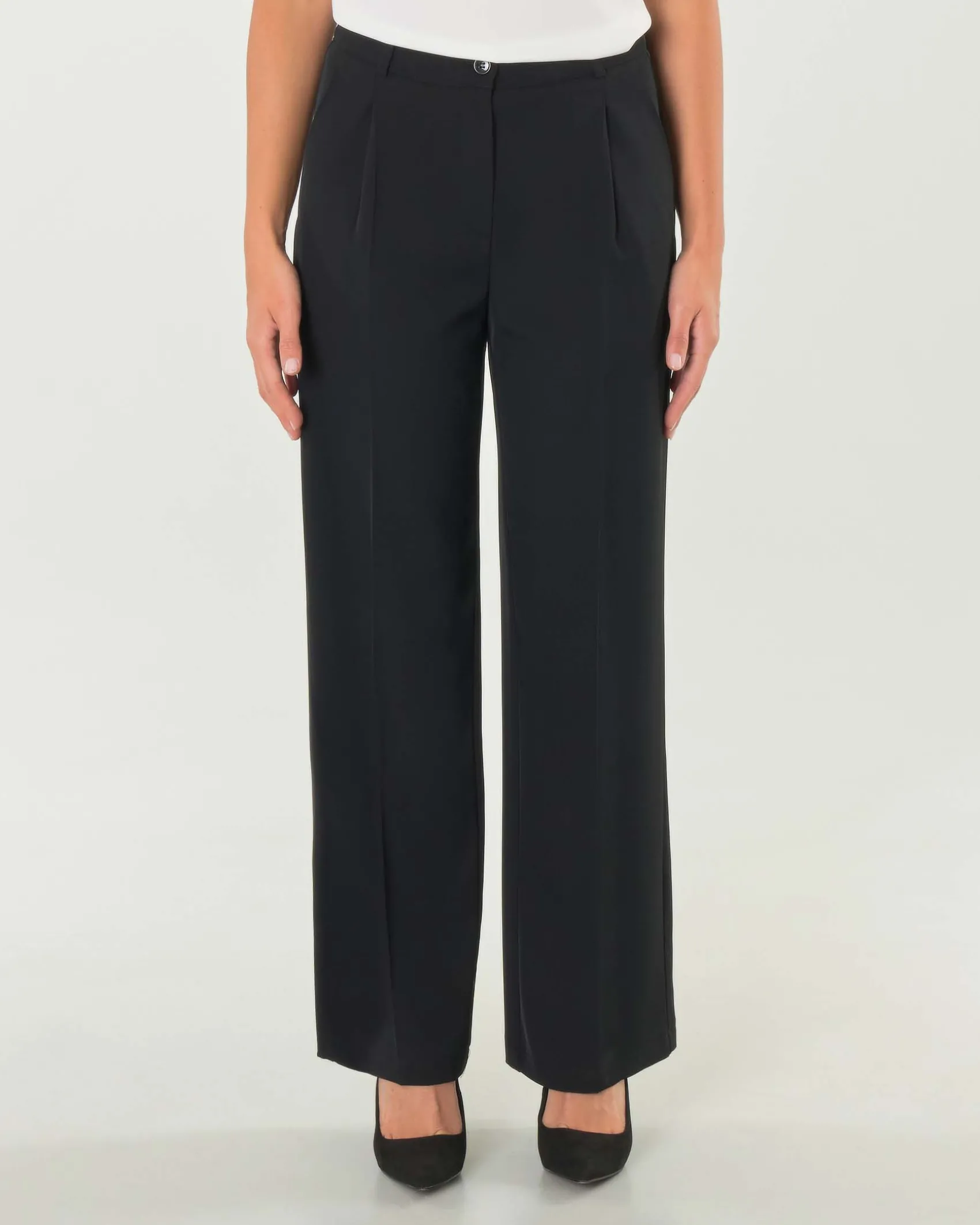 Pantaloni straight neri in tessuto stretch fluido con pinces in vita