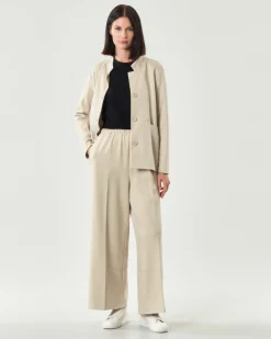 Pantaloni super wide color gesso JurerĂȘ in tricot di misto viscosa con elastico in vita