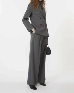 Pantaloni wide grigio antracite Weekend Max mara in tela di pura lana natural stretch con pinces in vita