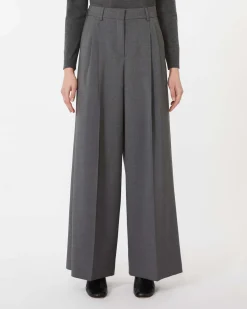 Pantaloni wide grigio antracite Weekend Max mara in tela di pura lana natural stretch con pinces in vita