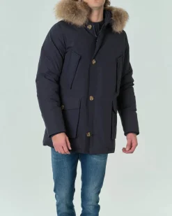 Parka Ashki.i blu in cotone con vera pelliccia staccabile