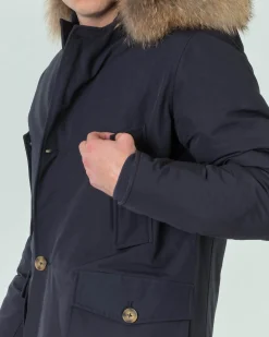Parka Ashki.i blu in cotone con vera pelliccia staccabile
