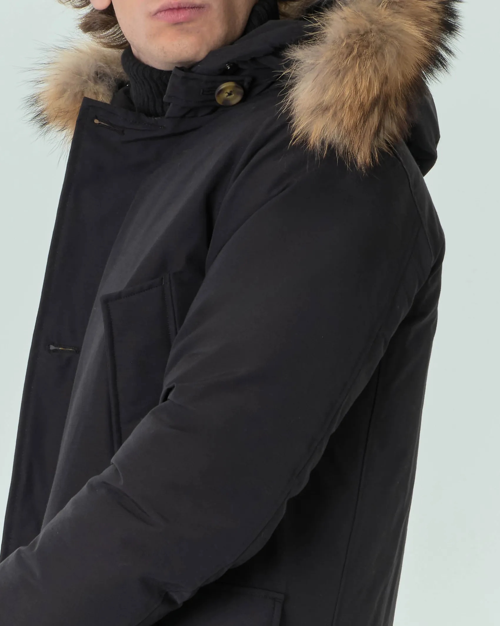Parka Ashki.i nero in cotone con vera pelliccia staccabile