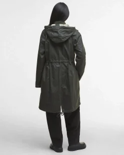 Parka Barbour Marcy verde oliva in cotone cerato con fodera tartan e cappuccio fisso
