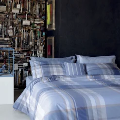 Parure lenzuola Cairoli a una piazza e mezza in cotone a fantasia tartan azzurra e beige 200x290