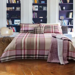 Parure lenzuola una piazza in cotone tinto filo a fantasia tartan beige e rosa 160x290