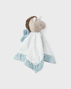 Peluche ad unicorno beige con copertina bianca a pois azzurri e riquadro a fiorellini