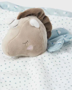 Peluche ad unicorno beige con copertina bianca a pois azzurri e riquadro a fiorellini