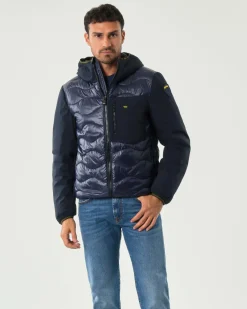 Piumino Albert Blauer bi-tessuto blu con cappuccio fisso e trapuntatura ad onde