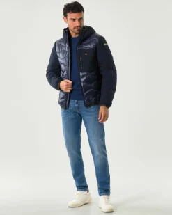 Piumino Albert Blauer bi-tessuto blu con cappuccio fisso e trapuntatura ad onde