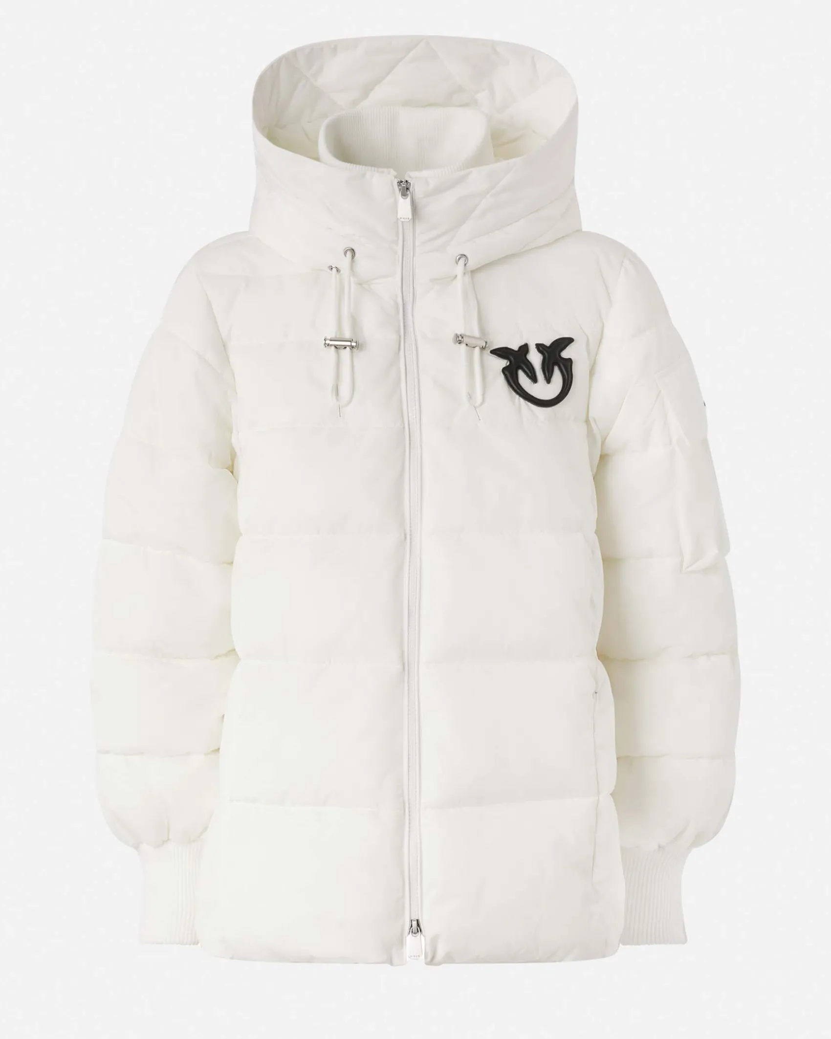 Piumino bianco Pinko dalla linea a campana in tela tecnica con cappuccio e logo nero applicato sul petto