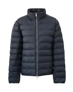 Piumino blu in nylon riciclato con colletto in piedi e logo ricamato sul petto tono su tono
