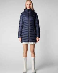 Piumino blu Save the duck lunghezza media modello Reese in tessuto effetto raso dalla linea sfiancata con cappuccio staccabile