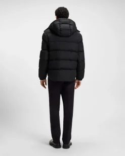 Piumino Boss nero in nylon opaco idrorepellente con cappuccio staccabile