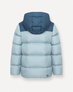 Piumino Colmar azzurro in nylon imbottito con inserto blu e cappuccio