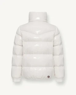 Piumino Colmar bianco in nylon lucido laccato ed imbottito con cappuccio fisso