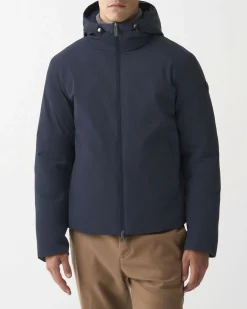 Piumino Colmar Originals blu con cappuccio in nylon opaco a trapuntatura laserata effetto spinato reversibile in parte liscia