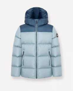 Piumino Colmar Originals azzurro in nylon imbottito con inserto blu e cappuccio