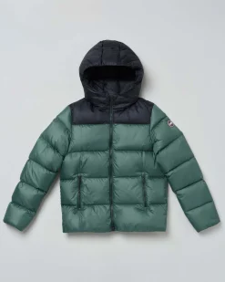 Piumino Colmar verde in nylon imbottito con inserto blu e cappuccio