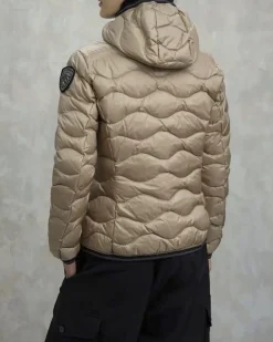 Piumino corto beige Blauer modello Camelia con cappuccio fisso e imbottitura a onde in vera piuma con patch logo in strass