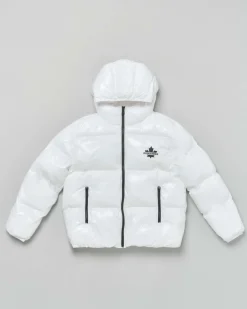 Piumino Dsquared2 bianco in nylon lucido con cappuccio e dettagli neri