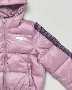 Piumino EA7 color malva lucido e bande logo monogram viola