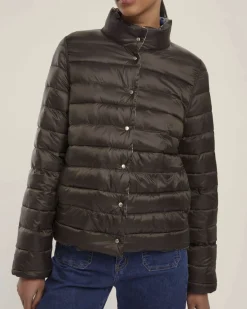 Piumino Emme Marella a fantasia foliage azzurra reversibile nel colore marrone con colletto in piedi