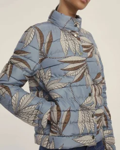 Piumino Emme Marella a fantasia foliage azzurra reversibile nel colore marrone con colletto in piedi