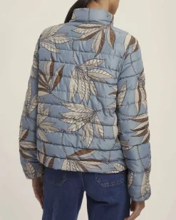 Piumino Emme Marella a fantasia foliage azzurra reversibile nel colore marrone con colletto in piedi