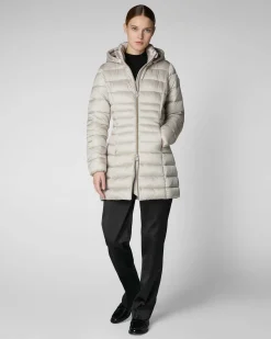 Piumino grigio beige Save the duck lunghezza media modello Reese in tessuto effetto raso dalla linea sfiancata con cappuccio staccabile