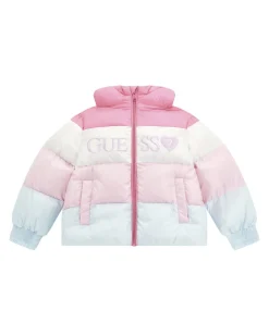 Piumino Guess color block con cappuccio e maxi scritta logo