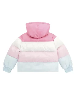 Piumino Guess color block con cappuccio e maxi scritta logo