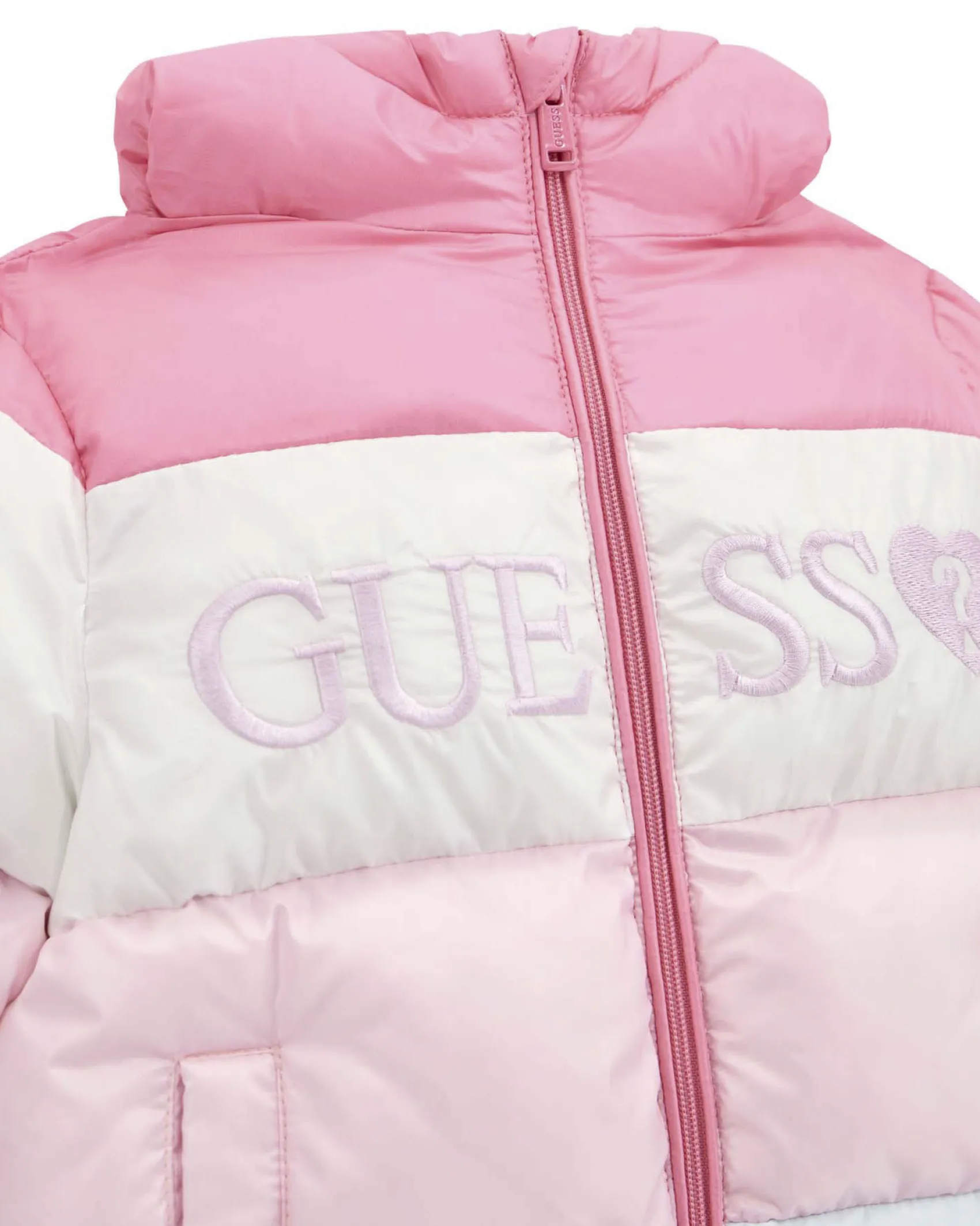 Piumino Guess color block con cappuccio e maxi scritta logo