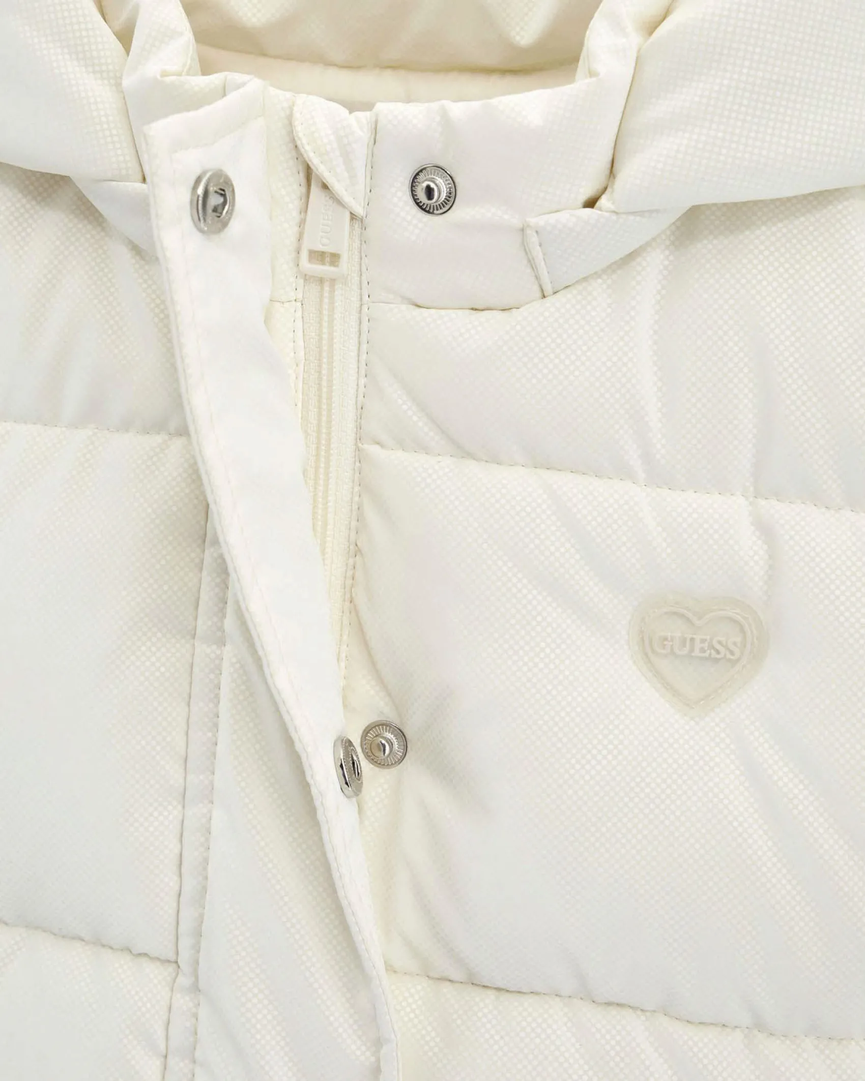 Piumino Guess color latte effetto lurex trapuntato con cappuccio
