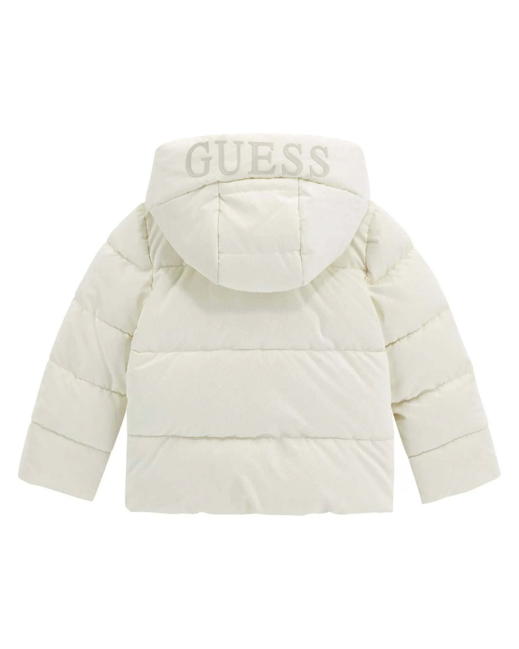 Piumino Guess color latte effetto lurex trapuntato con cappuccio
