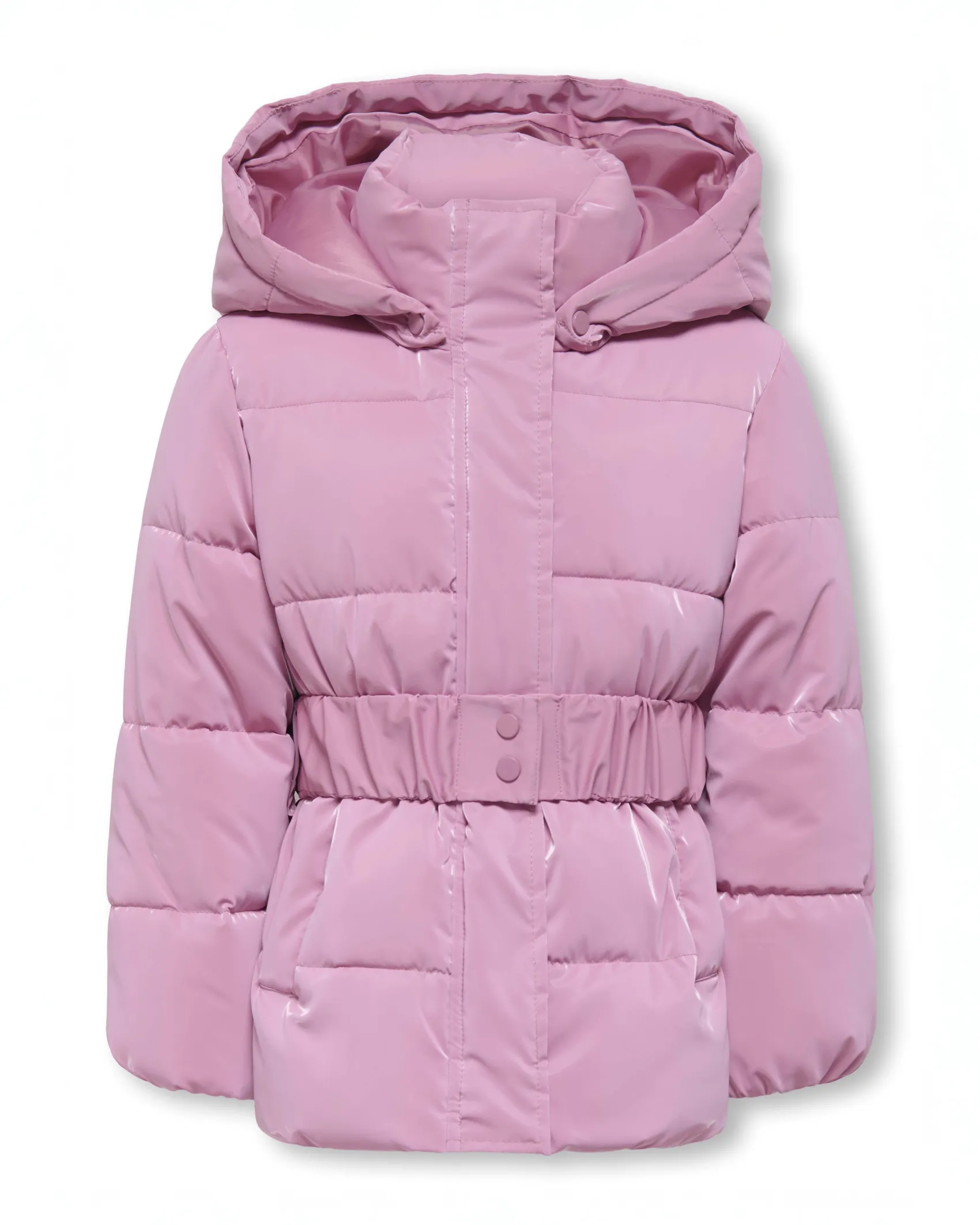 Piumino Kids Only rosa laccato con cappuccio e cintura