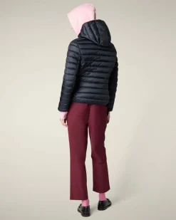 Piumino leggero blu nero Save the duck modello Alexis in tessuto effetto raso con cappuccio fisso