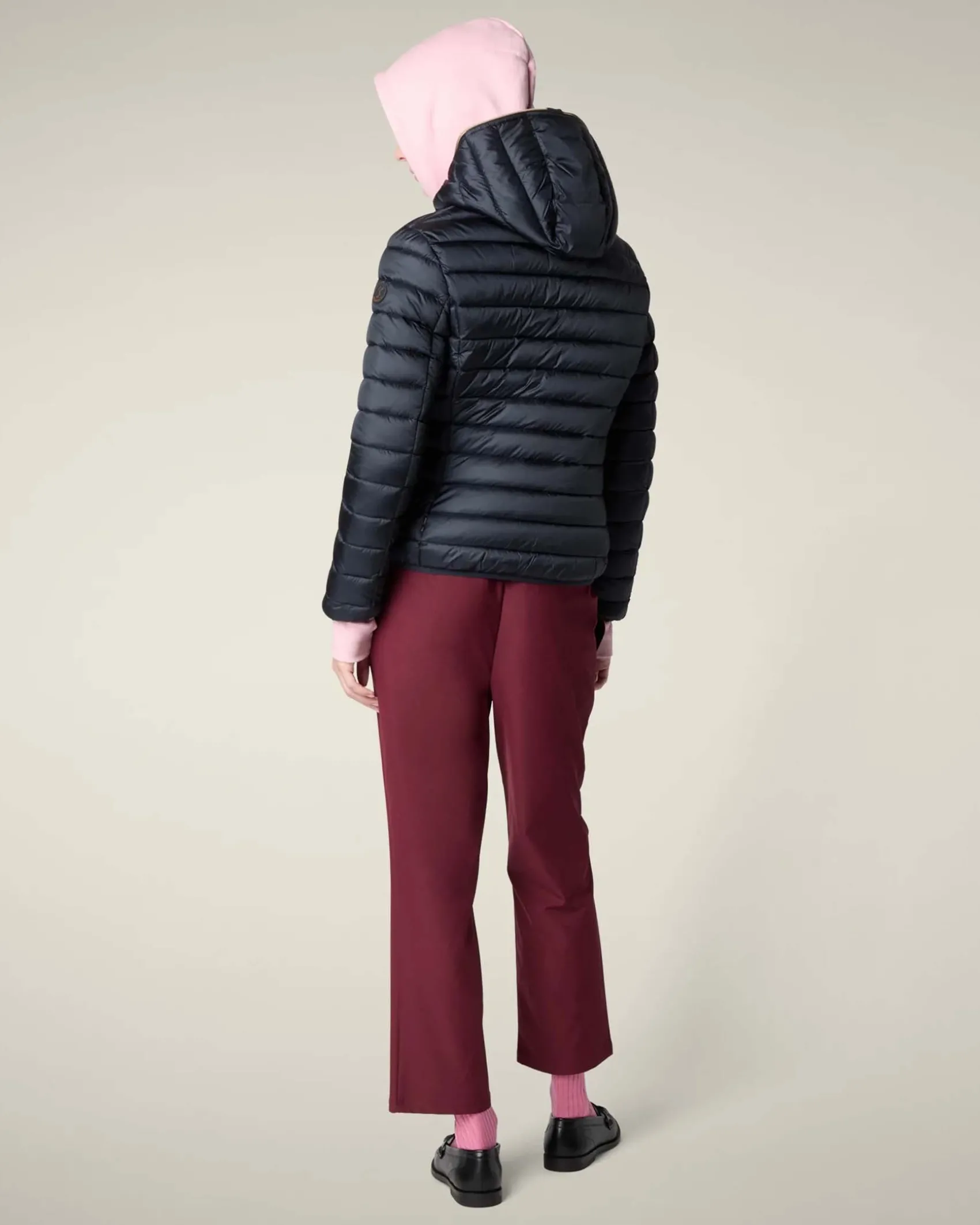 Piumino leggero blu nero Save the duck modello Alexis in tessuto effetto raso con cappuccio fisso