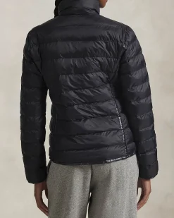 Piumino nero in nylon riciclato con colletto in piedi e logo ricamato sul petto tono su tono