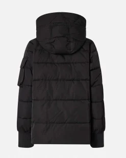Piumino nero Pinko dalla linea a campana in tela tecnica con cappuccio e logo applicato sul petto