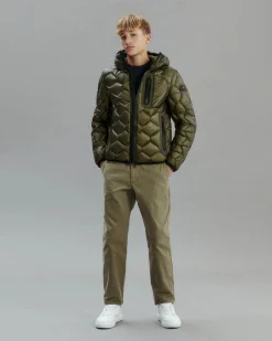 Piumino Peuterey verde militare in nylon ripstop con cappuccio e trapuntatura geometrica imbottita in piuma