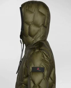 Piumino Peuterey verde militare in nylon ripstop con cappuccio e trapuntatura geometrica imbottita in piuma