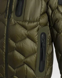 Piumino Peuterey verde militare in nylon ripstop con cappuccio e trapuntatura geometrica imbottita in piuma