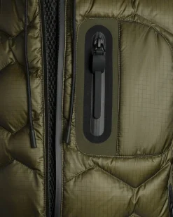Piumino Peuterey verde militare in nylon ripstop con cappuccio e trapuntatura geometrica imbottita in piuma