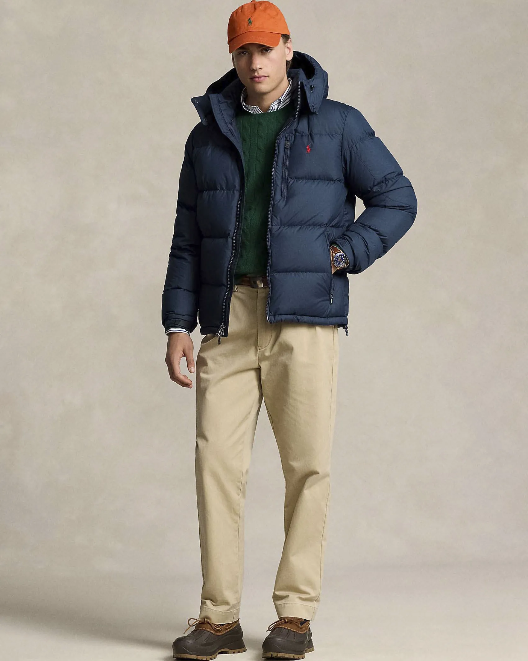 Piumino Polo Ralph Lauren blu in nylon opaco con cappuccio staccabile